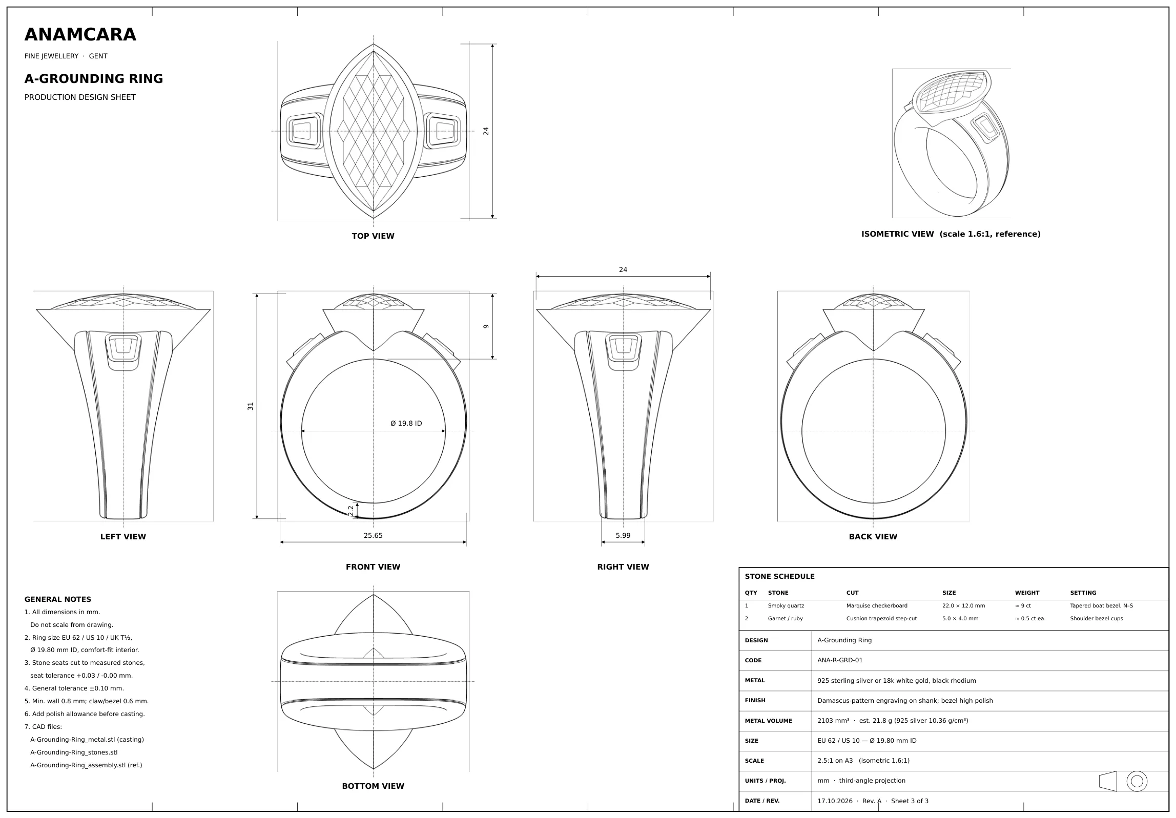 A-Grounding Ring production design sheet, with orthographic views and dimensions
